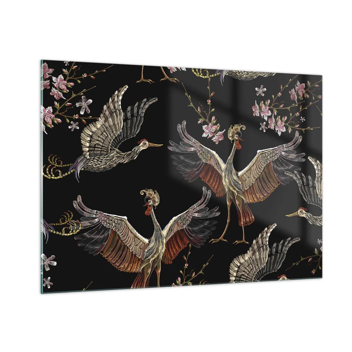 Glasbild - Bild auf glas - Vögel im Flug mit Blumen auf schwarzem Hintergrund, Retro-Stil - 100x70cm - Märchenvogel - Moderne Wanddekoration für Wohnzimmer und Schlafzimmer ARTTOR