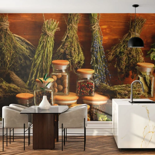 Fototapete Premium Sand - Getrocknete Kräuter und Gewürze in Gläsern auf einem hölzernen Hintergrund - 100x70cm - Küchenzauber - Moderne Wanddekoration für Wohnzimmer und Schlafzimmer ARTTOR