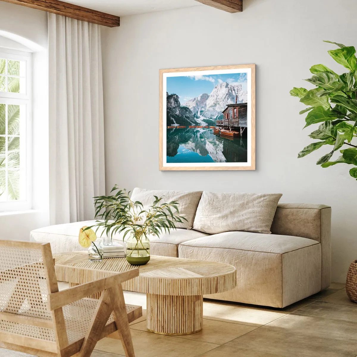 Poster in einem Rahmen aus heller Eiche - Kristallklarer Bergmorgen - 60x60 cm