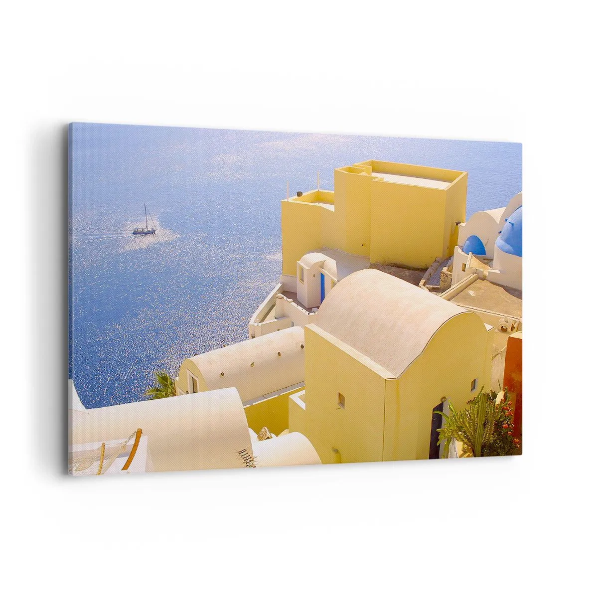 Bild auf Leinwand - Leinwandbild - Griechische Architektur mit Meerblick und einem Boot im Hintergrund - 100x70cm - Griechische Landschaft in Weiß und Blau - Moderne Wanddekoration für Wohnzimmer und Schlafzimmer ARTTOR