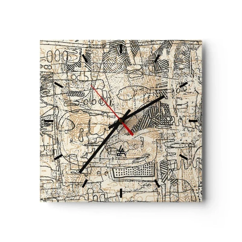 Wanduhr - Glasuhr - Abstrakte Muster und Linien auf beigem Hintergrund - 30x30cm - Es wartet darauf, entschlüsselt zu werden - Moderne Wanddekoration für Wohnzimmer und Schlafzimmer ARTTOR