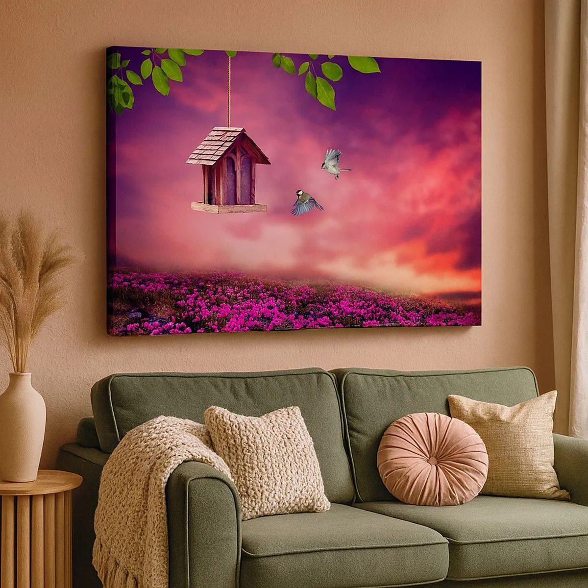 Bild auf Leinwand - Leinwandbild - Eine malerische Landschaft mit einem Vogelhaus und einem Sonnenuntergang - 70x50cm - Einladung zum Abendessen - Moderne Wanddekoration für Wohnzimmer und Schlafzimmer ARTTOR