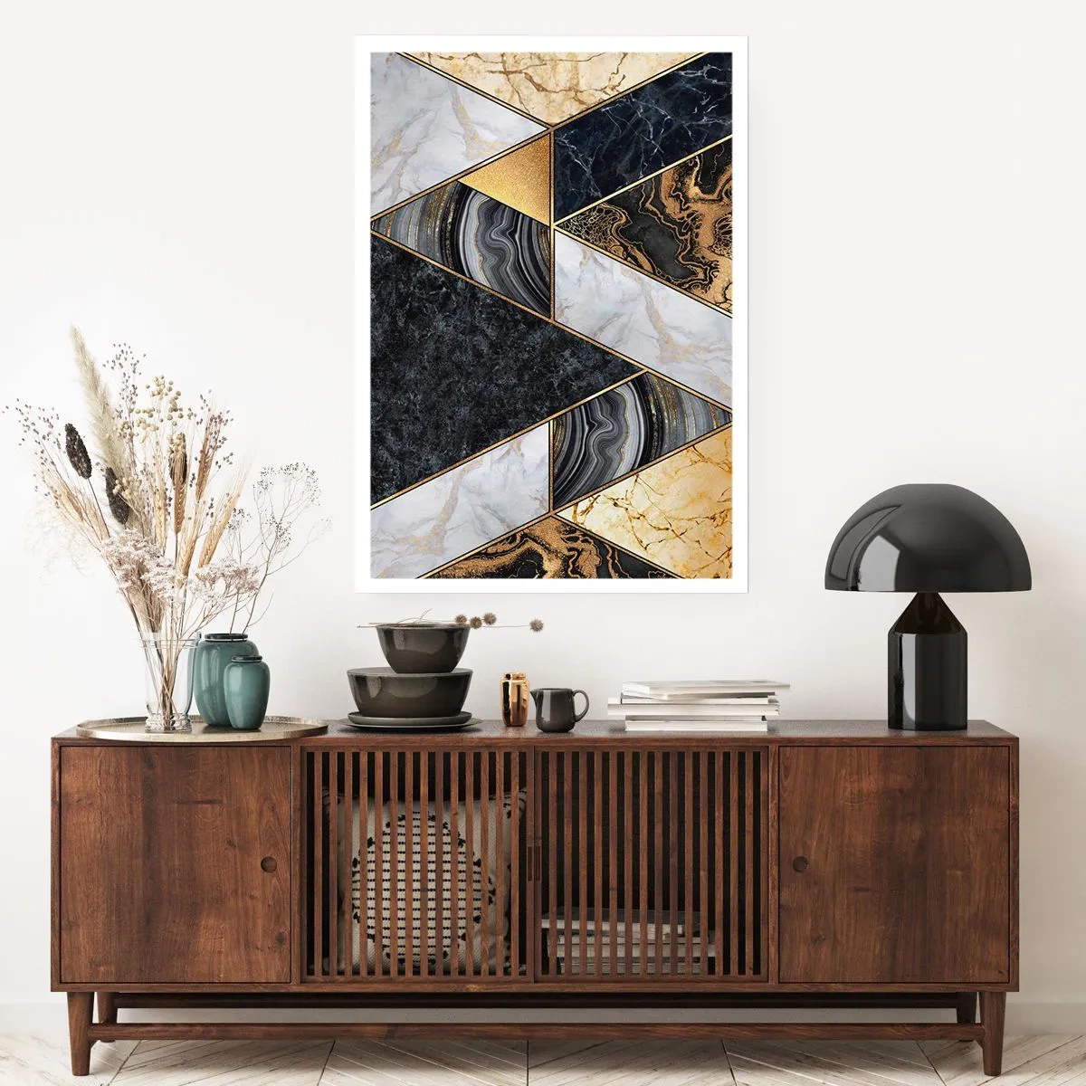 Poster - Marmorgeometrie in Gold-, Schwarz- und Weißtönen - 50x70cm - Stein um Stein - Moderne Wanddekoration für Wohnzimmer und Schlafzimmer ARTTOR