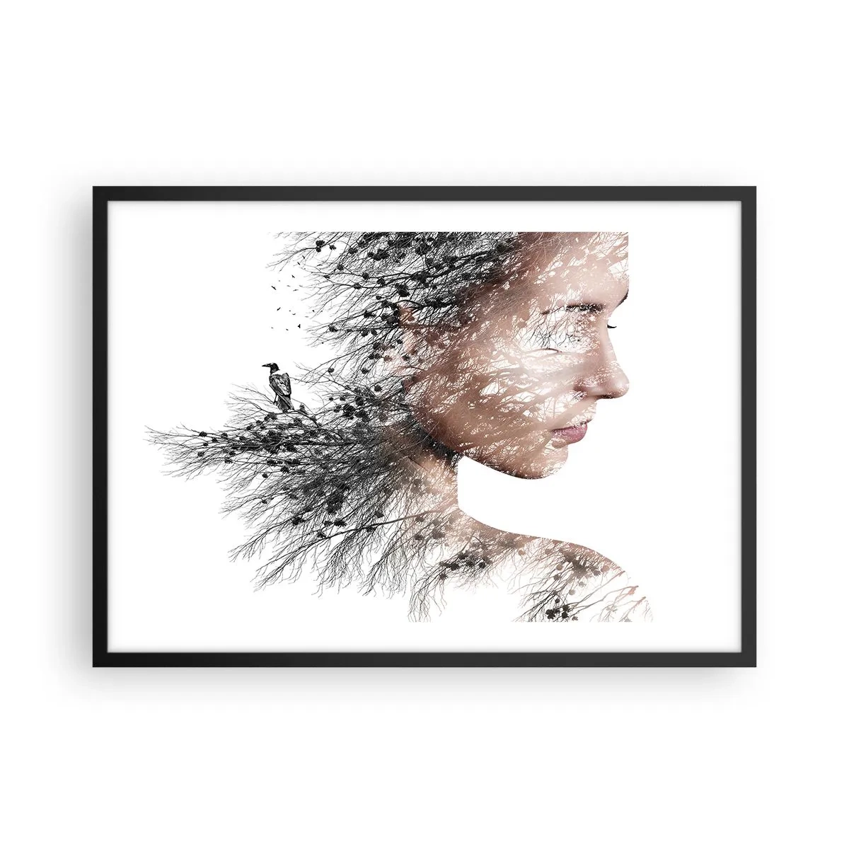 Poster in einem schwarzem Rahmen - Silhouette einer Frau mit einem Zweig und Vogelmotiv im Hintergrund - 70x50cm - Der Geist des Waldes - Moderne Wanddekoration für Wohnzimmer und Schlafzimmer ARTTOR