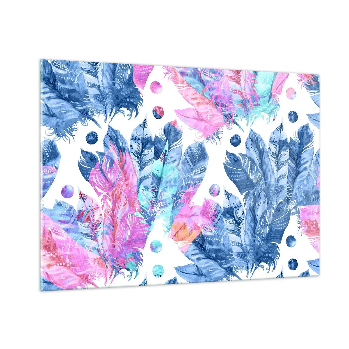 Glasbild - Bild auf glas - Bunte Federn in Rosa- und Blautönen auf weißem Hintergrund - 100x70cm - Pflaumen in Pink und Blau - Moderne Wanddekoration für Wohnzimmer und Schlafzimmer ARTTOR