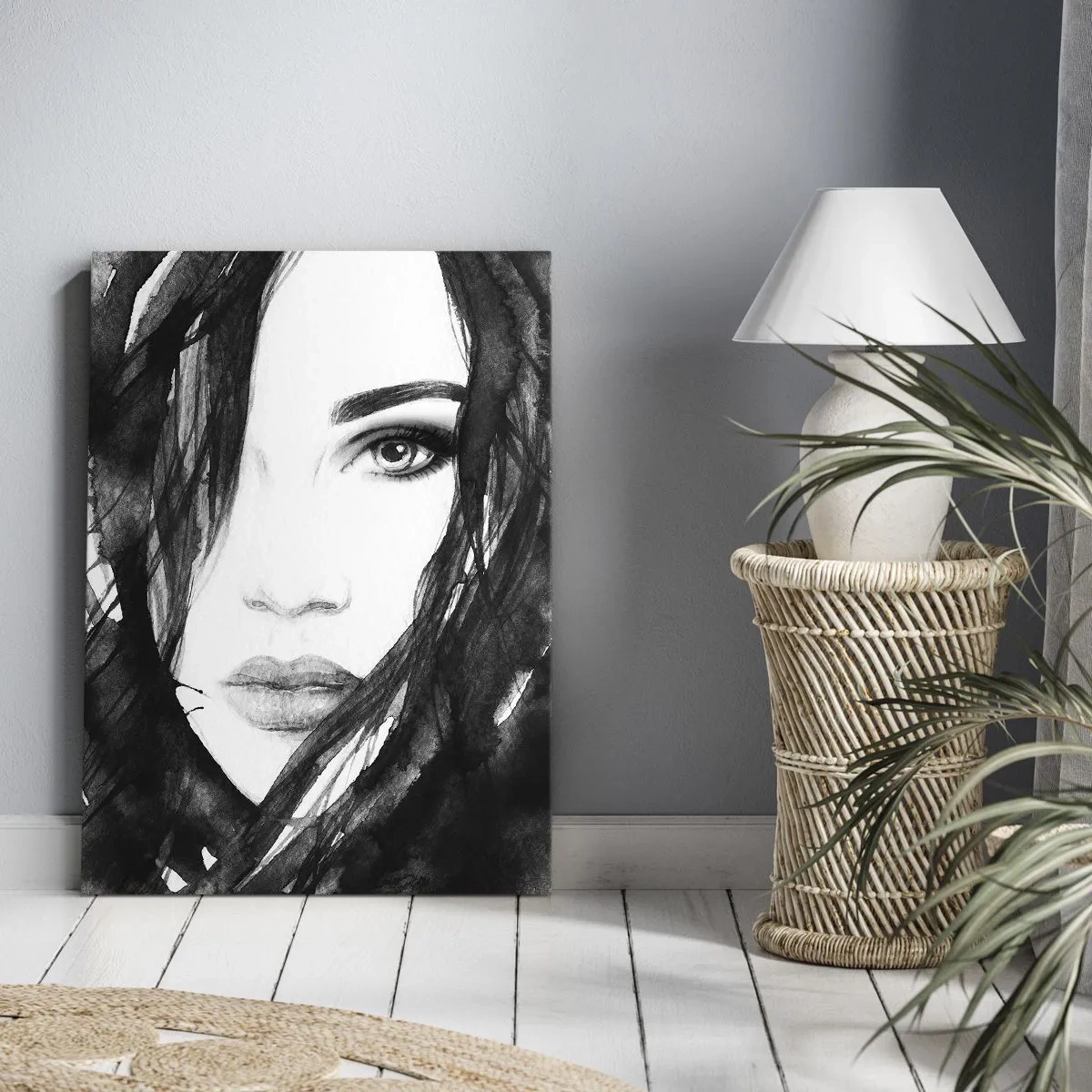 Bild auf Leinwand - Leinwandbild - Porträt einer Frau in Schwarz-Weiß-Aquarell - 50x70cm - Porträt einer Dame in Schwarzweiß - Moderne Wanddekoration für Wohnzimmer und Schlafzimmer ARTTOR
