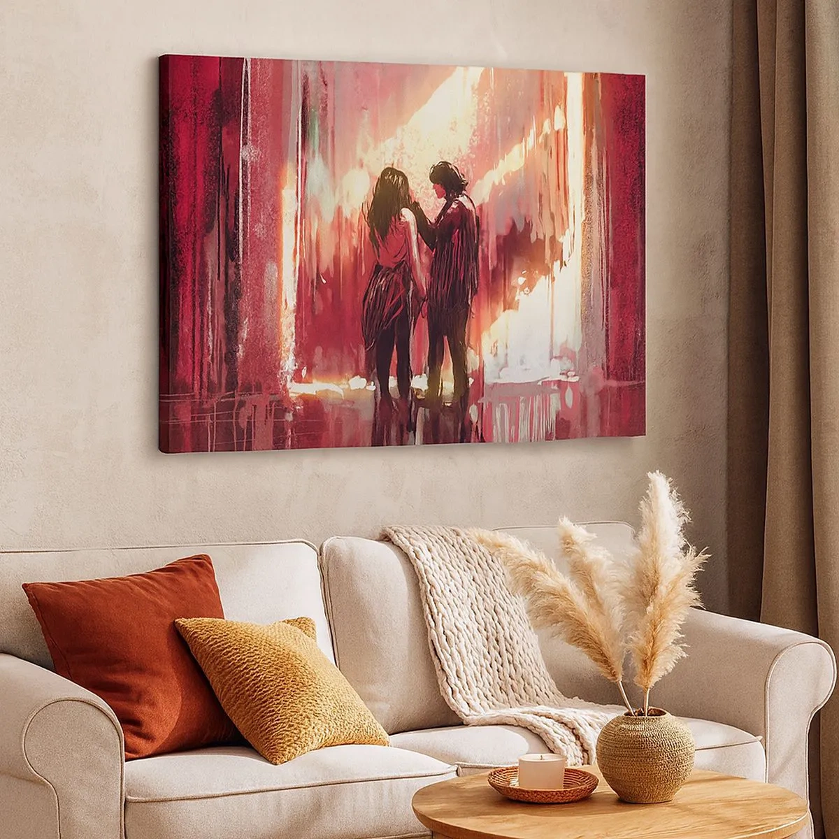 Bild auf Leinwand - Leinwandbild - Ein Paar steht in warmem Licht vor einem Hintergrund aus abstrakten Mustern - 70x50cm - Das ewige Schauspiel der Liebe - Moderne Wanddekoration für Wohnzimmer und Schlafzimmer ARTTOR