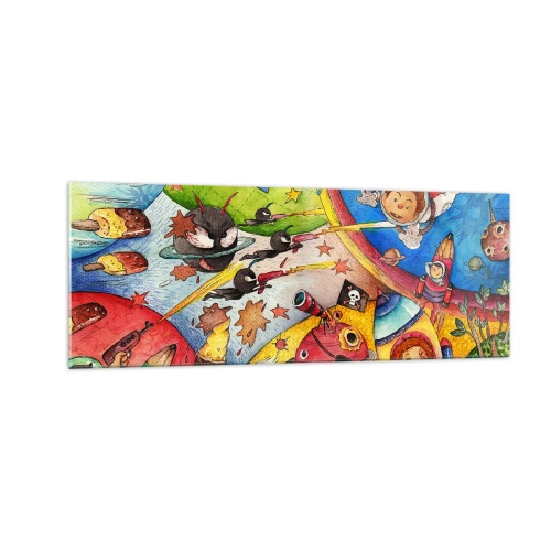 Glasbild - Bild auf glas - Eine bunte Weltraumszene voller Kinder und Raumschiffe - 140x50cm - Tolles Weltraumabenteuer - Moderne Wanddekoration für Wohnzimmer und Schlafzimmer ARTTOR