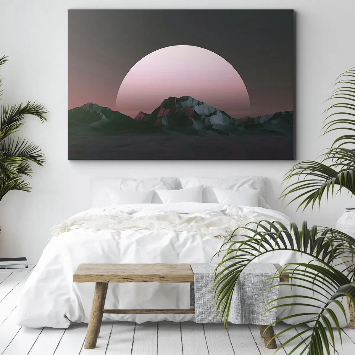 Bild auf Leinwand - Leinwandbild - Geometrische Berge mit der untergehenden Sonne im Hintergrund - 100x70cm - In einer Nachbargalaxie - Moderne Wanddekoration für Wohnzimmer und Schlafzimmer ARTTOR
