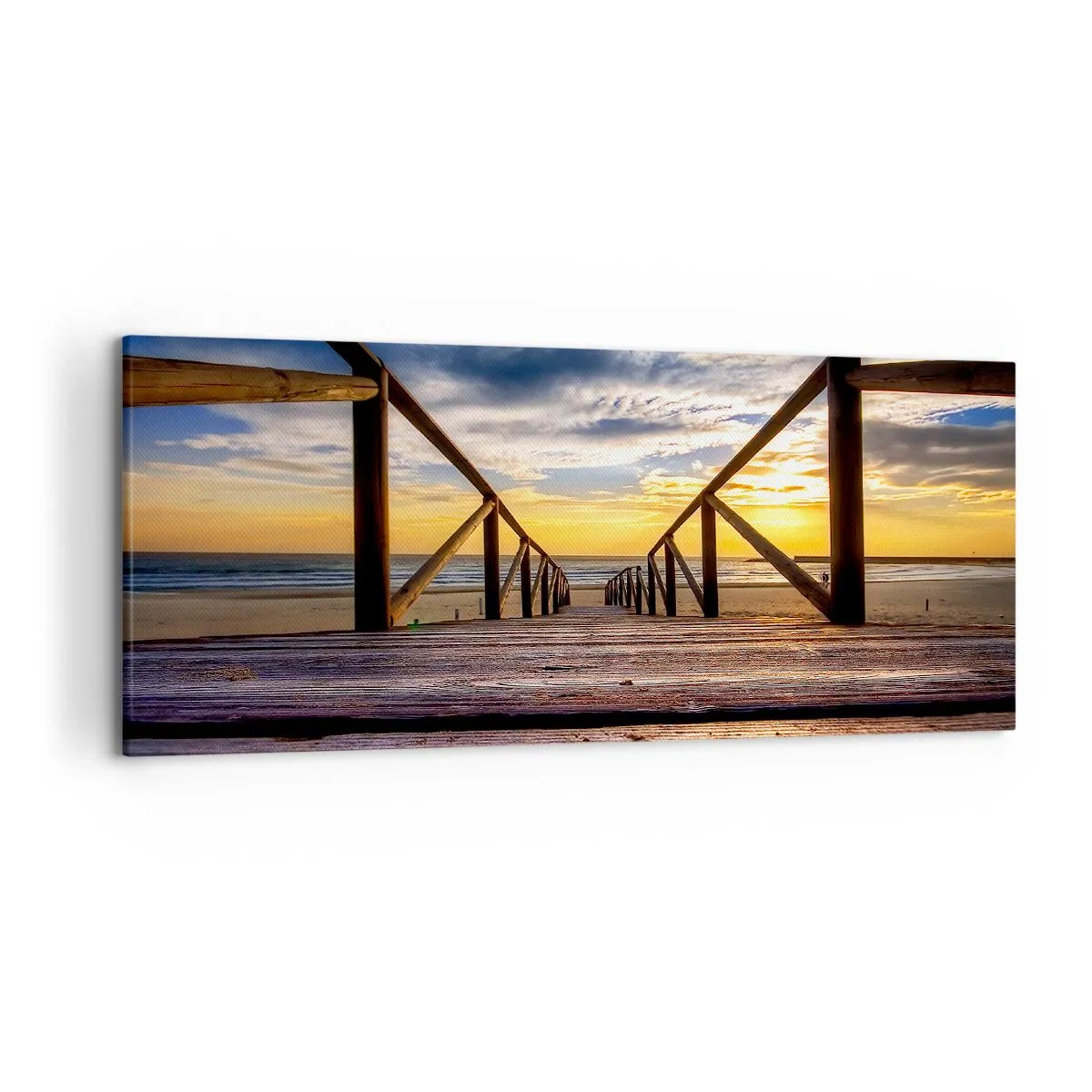 Bild auf Leinwand - Leinwandbild - Holzsteg zum Strand bei Sonnenuntergang - 120x50cm - Direkt zum ruhigen Strand bei Sonnenuntergang - Moderne Wanddekoration für Wohnzimmer und Schlafzimmer ARTTOR