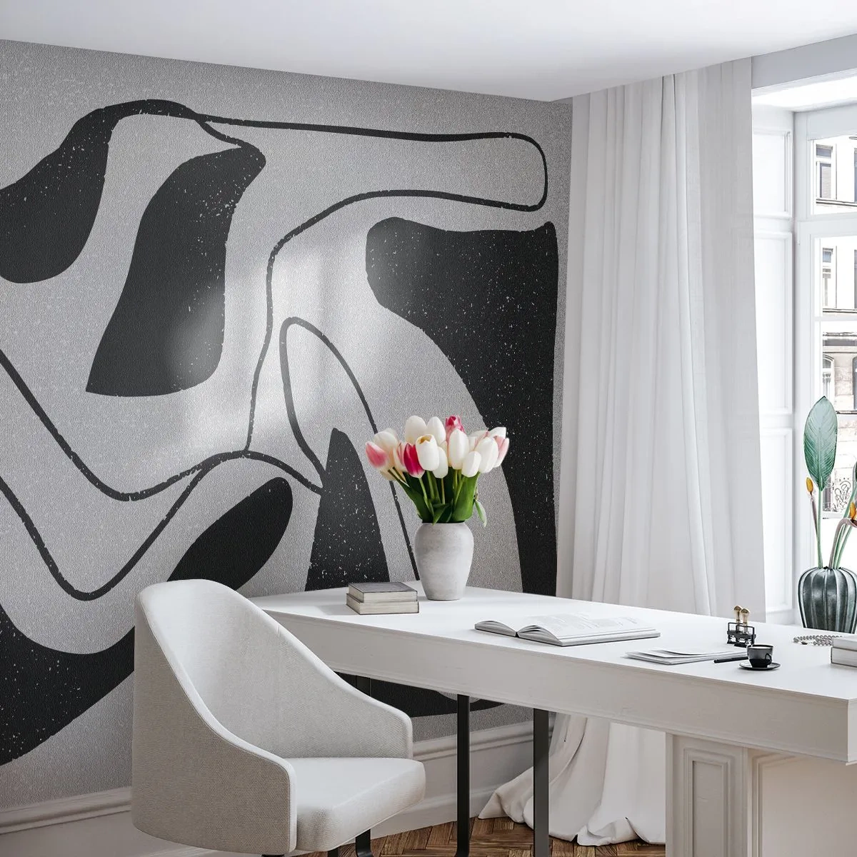 Fototapete Premium Sand - Schwarz-Weiß-Abstraktion mit organischen Linien - 100x70cm - Abstraktes Spiel im Labyrinth - Moderne Wanddekoration für Wohnzimmer und Schlafzimmer ARTTOR