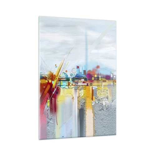 Glasbild - Bild auf glas - Abstrakte Brücke in leuchtenden Farben über einem Fluss mit pastellfarbenem Hintergrund - 50x70cm - Freudenbrücke über den Fluss des Lebens - Moderne Wanddekoration für Wohnzimmer und Schlafzimmer ARTTOR