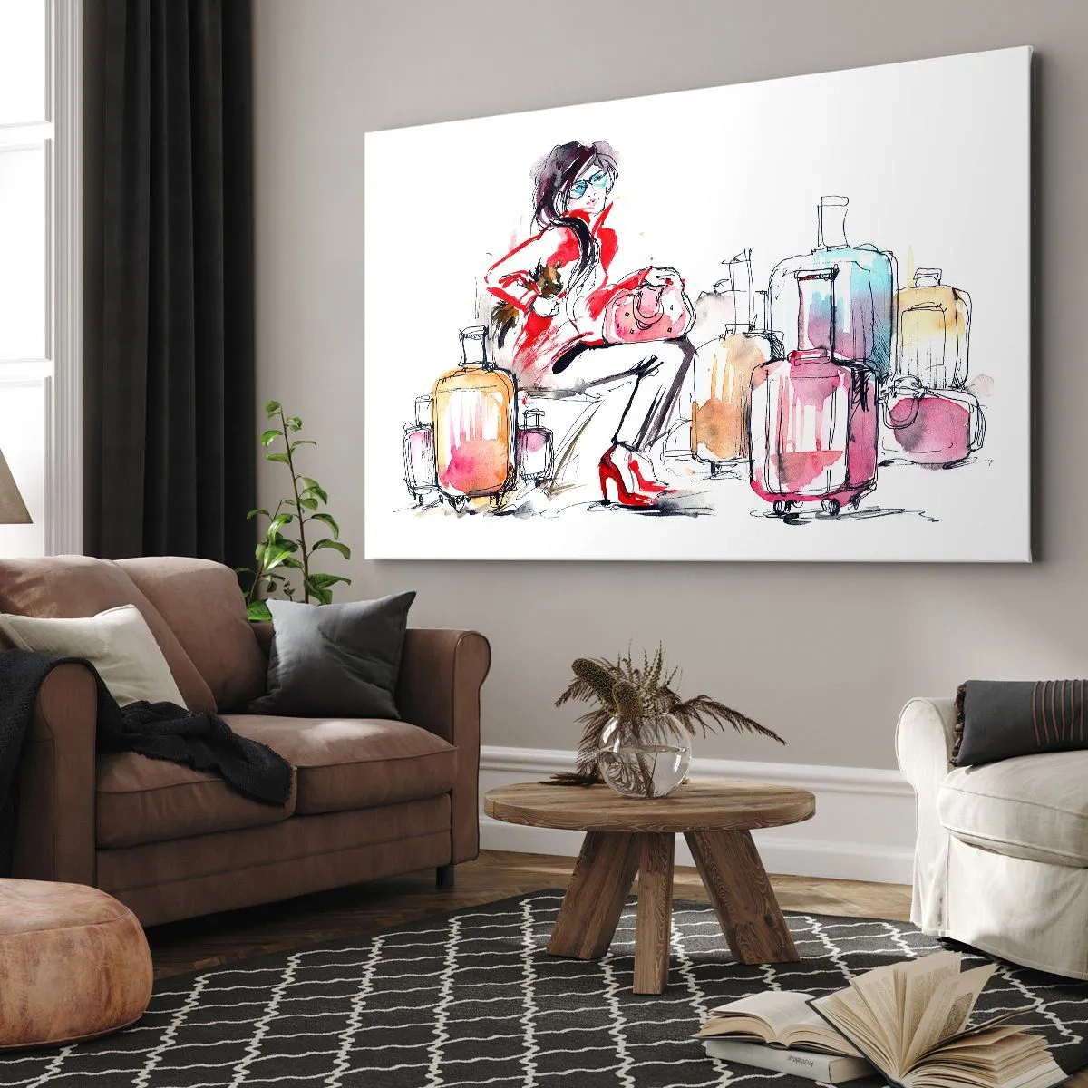 Bild auf Leinwand - Leinwandbild - Eine Frau mit Koffern in einer dynamischen Aquarellillustration - 100x70cm - Setzen wir uns vor der Reise hin - Moderne Wanddekoration für Wohnzimmer und Schlafzimmer ARTTOR