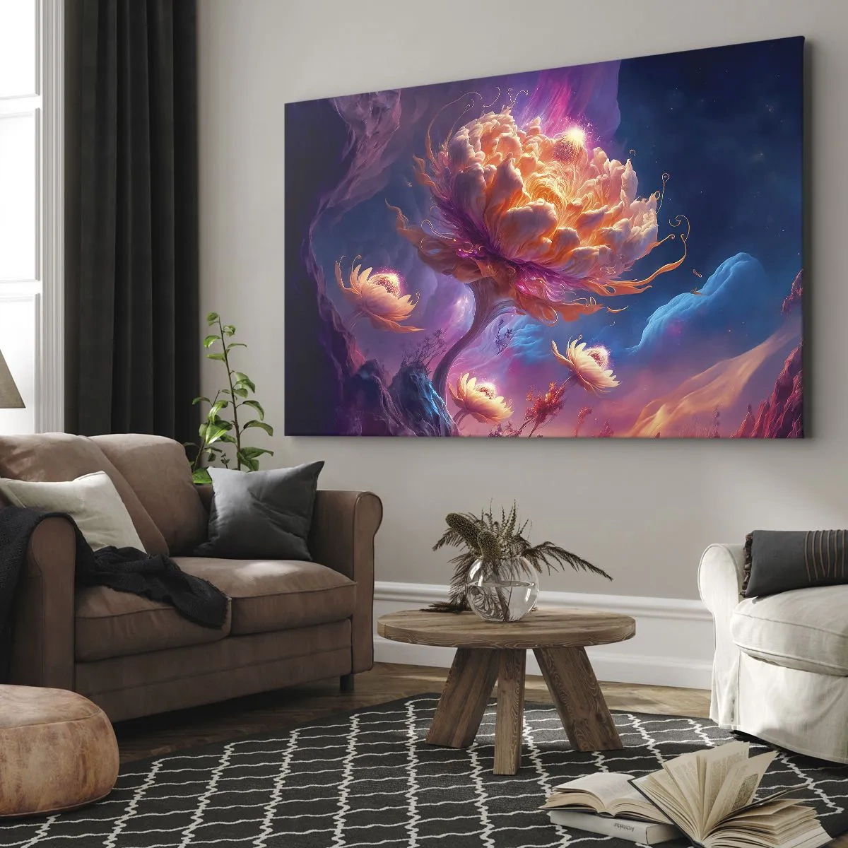 Bild auf Leinwand - Leinwandbild - Fantasieblumen in einer kosmischen Landschaft - 100x70cm - Andere Welt - Moderne Wanddekoration für Wohnzimmer und Schlafzimmer ARTTOR