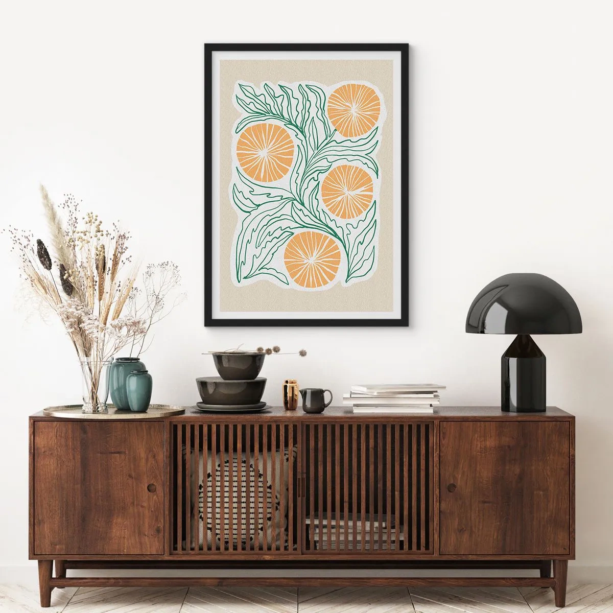 Poster in einem schwarzem Rahmen - Abstrakte Komposition aus Blättern und Orangen auf beigem Hintergrund - 50x70cm - Ethnisch mit einem Hauch von Abstraktion - Moderne Wanddekoration für Wohnzimmer und Schlafzimmer ARTTOR