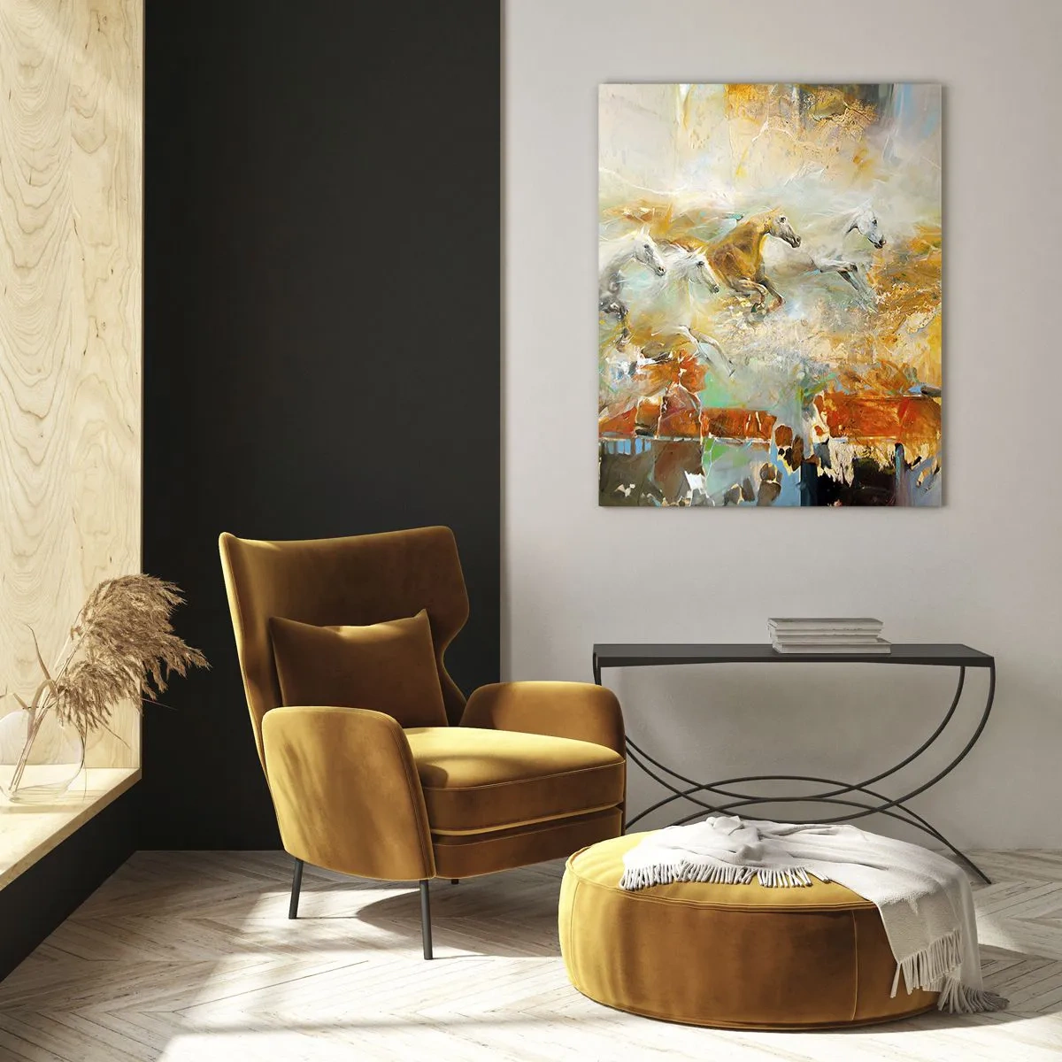 Glasbild - Bild auf glas - Abstrakte Pferde in dynamischer Bewegung - 50x70cm - Im Galopp durch das Licht - Moderne Wanddekoration für Wohnzimmer und Schlafzimmer ARTTOR