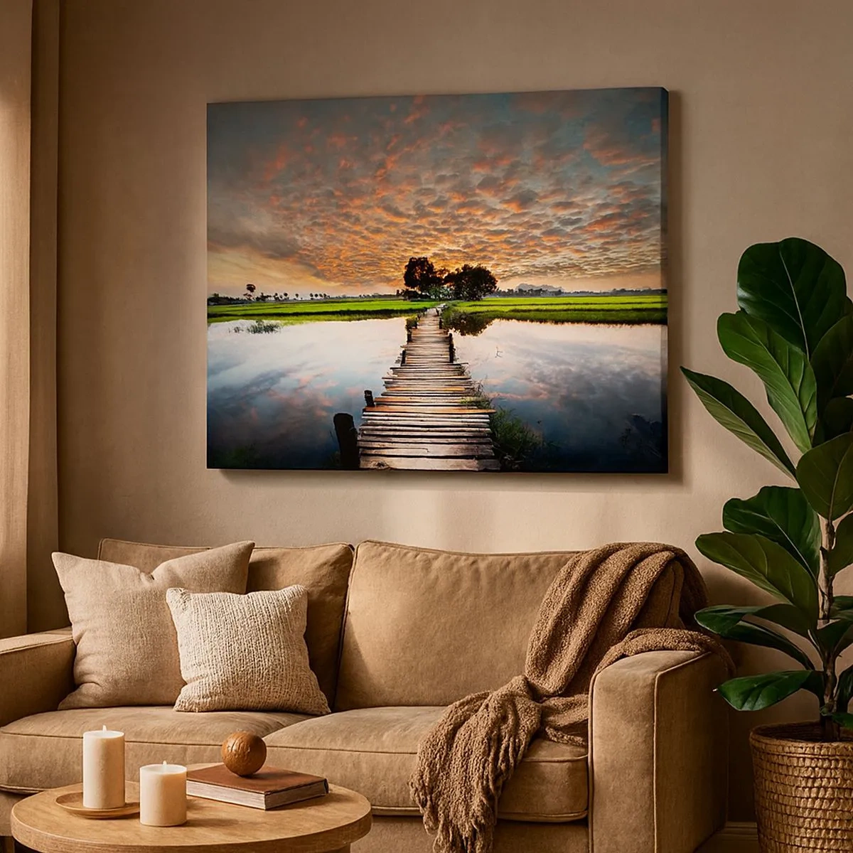 Bild auf Leinwand - Leinwandbild - Holzbrücke über dem Wasser bei Sonnenuntergang - 70x50cm - Arme ausstrecken - atmen - Moderne Wanddekoration für Wohnzimmer und Schlafzimmer ARTTOR