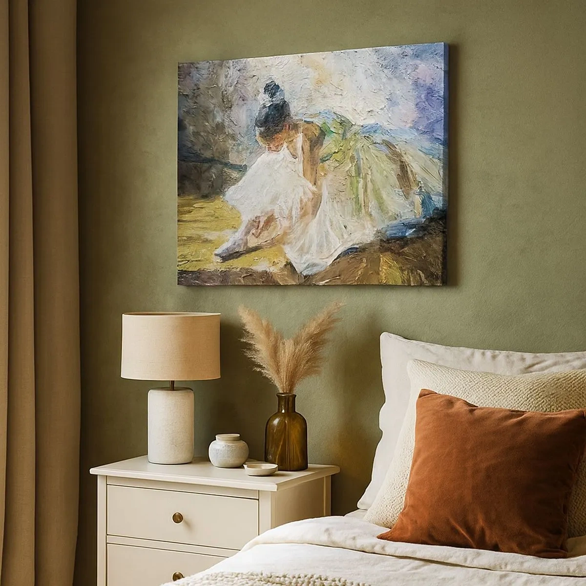 Bild auf Leinwand - Leinwandbild - Eine Ballerina in einem weißen Kleid im malerischen Stil vor einem impressionistischen Hintergrund. - 70x50cm - Aus einem Gemälde von Degas - Moderne Wanddekoration für Wohnzimmer und Schlafzimmer ARTTOR