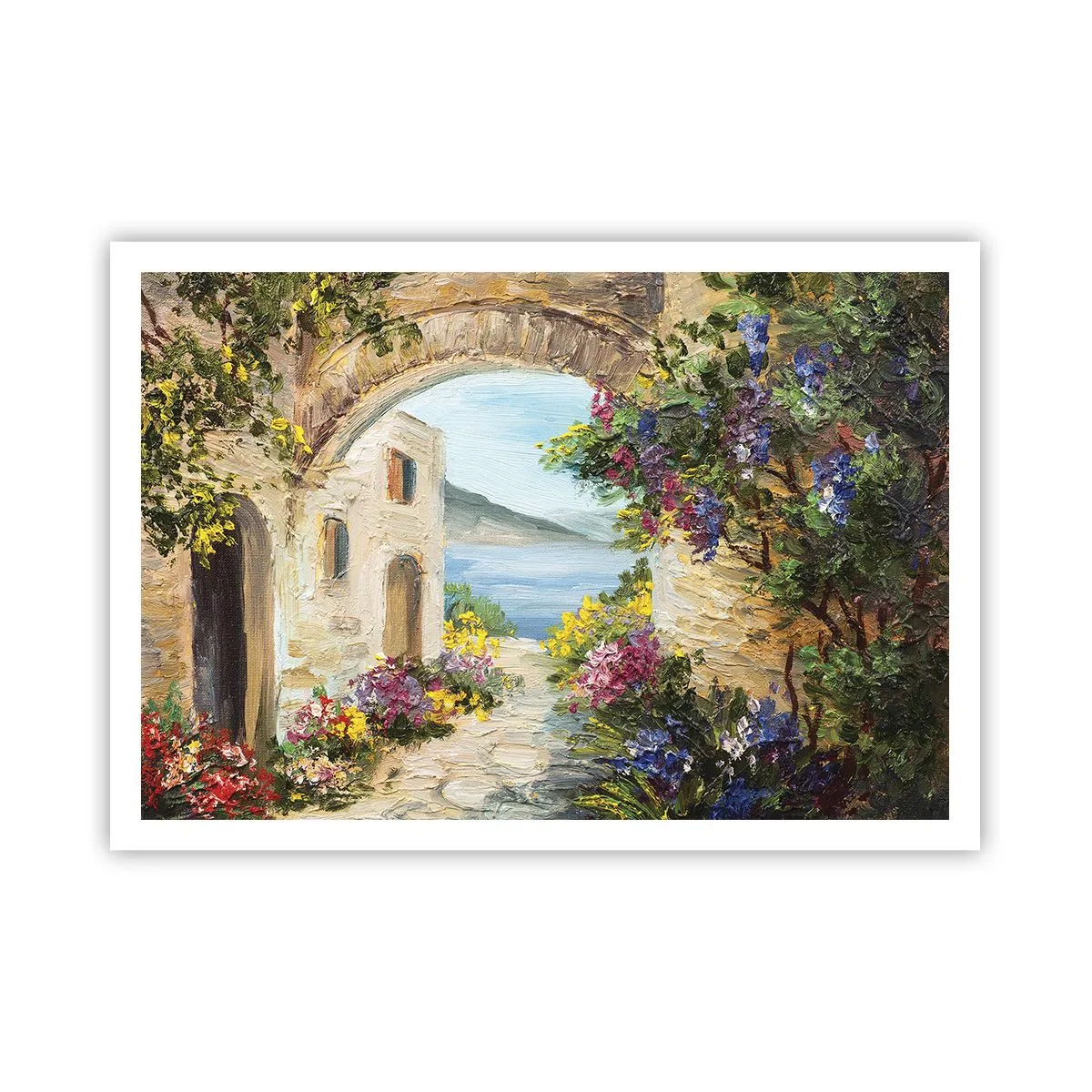 Poster - Küstenlandschaft mit Steingebäuden und Blumen - 100x70cm - Charme einer Küstenprovinz - Moderne Wanddekoration für Wohnzimmer und Schlafzimmer ARTTOR