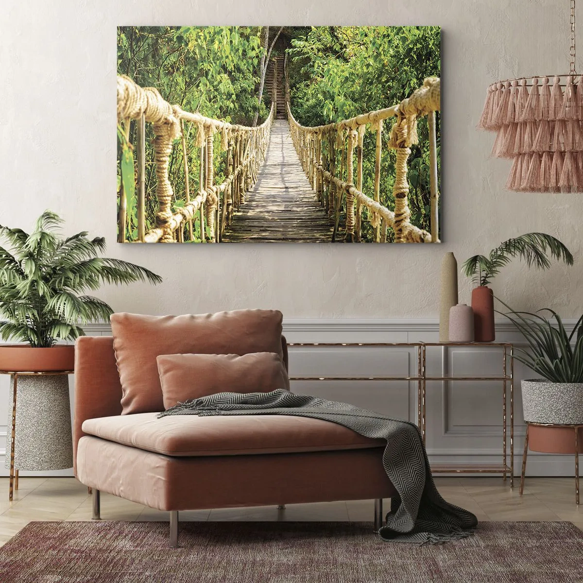 Bild auf Leinwand - Leinwandbild - Eine Hängebrücke in einem tropischen Wald voller Grün - 120x80cm - Im Grünen ausgesetzt - Moderne Wanddekoration für Wohnzimmer und Schlafzimmer ARTTOR