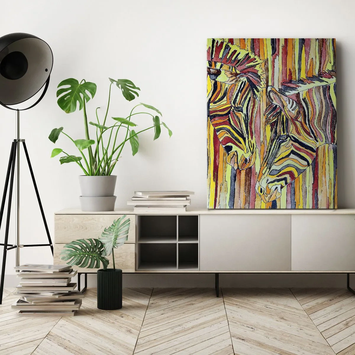 Bild auf Leinwand - Leinwandbild - Bunte Zebras vor einem Hintergrund aus abstrakten Streifen - 50x70cm - Also du auch... - Moderne Wanddekoration für Wohnzimmer und Schlafzimmer ARTTOR