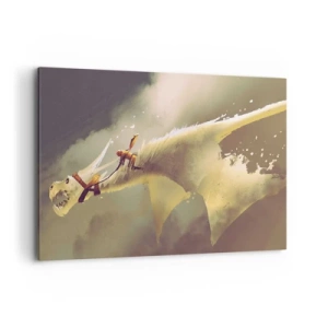 Bild auf Leinwand - Leinwandbild - Illustration eines Drachenreiters in einer Fantasy-Wolkenlandschaft - 120x80cm - Die Welt zur Rettung - Moderne Wanddekoration für Wohnzimmer und Schlafzimmer ARTTOR