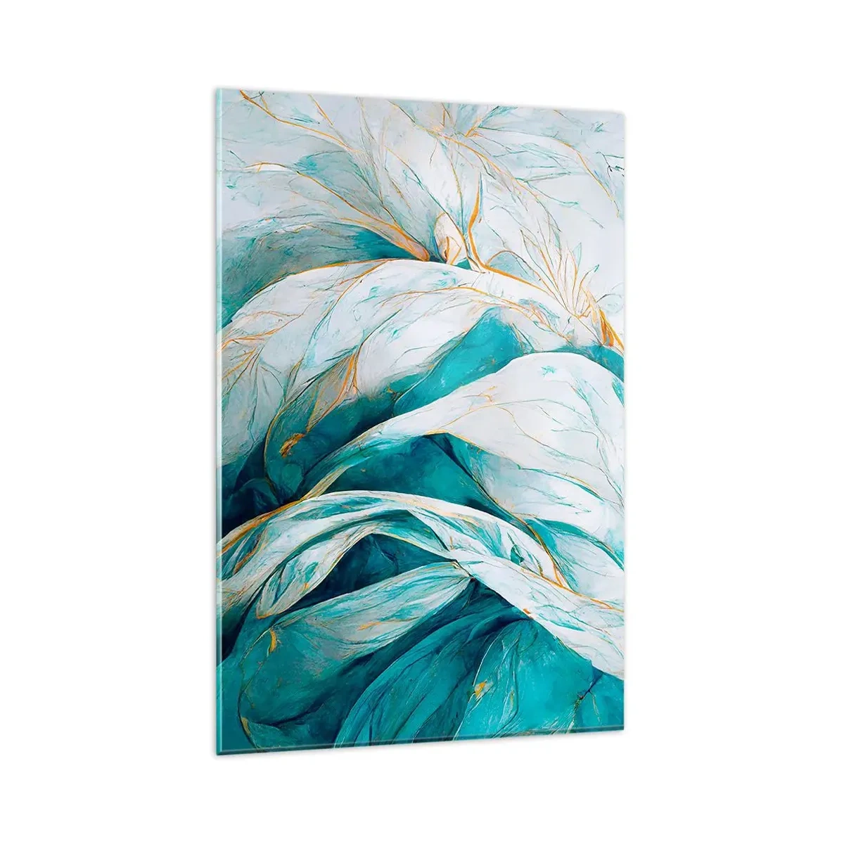 Glasbild - Bild auf glas - Abstrakte blaue Blätter mit goldenen Details - 80x120cm - Blaue Abstraktion mit goldenem Motiv - Moderne Wanddekoration für Wohnzimmer und Schlafzimmer ARTTOR