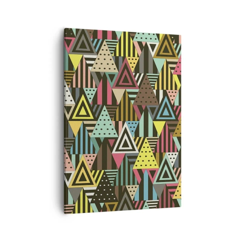 Bild auf Leinwand - Leinwandbild - Buntes geometrisches Muster mit Dreiecken und Linien - 50x70cm - Im Rhythmus auf drei - Moderne Wanddekoration für Wohnzimmer und Schlafzimmer ARTTOR