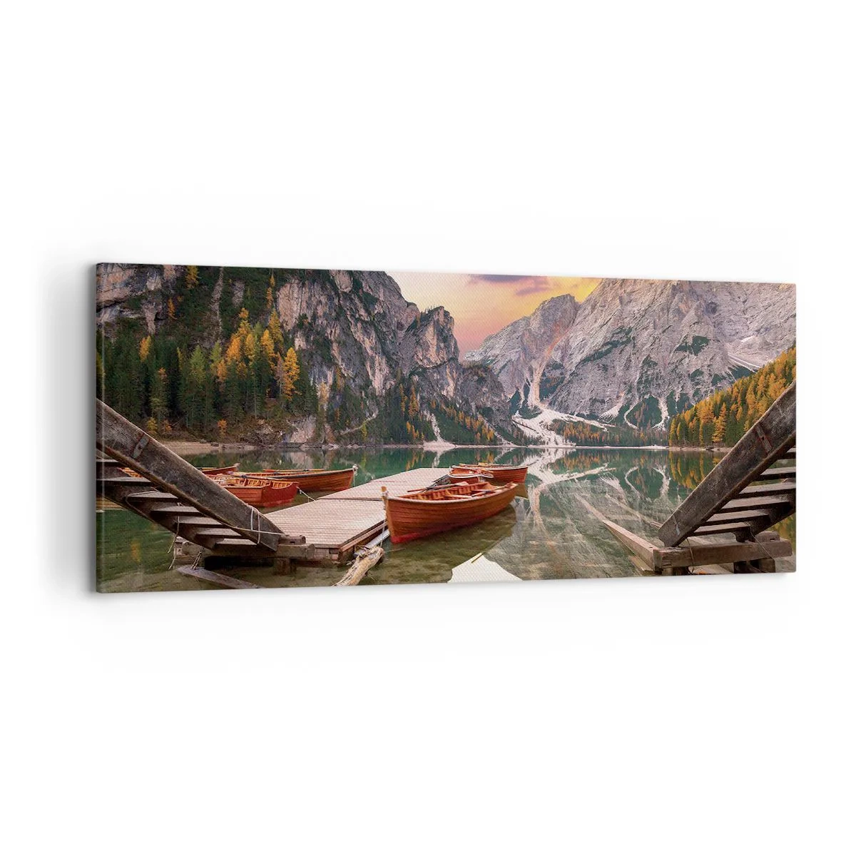Bild auf Leinwand - Leinwandbild - Bergsee mit Booten bei Sonnenuntergang - 120x50cm - Versprechen des Tages - Moderne Wanddekoration für Wohnzimmer und Schlafzimmer ARTTOR