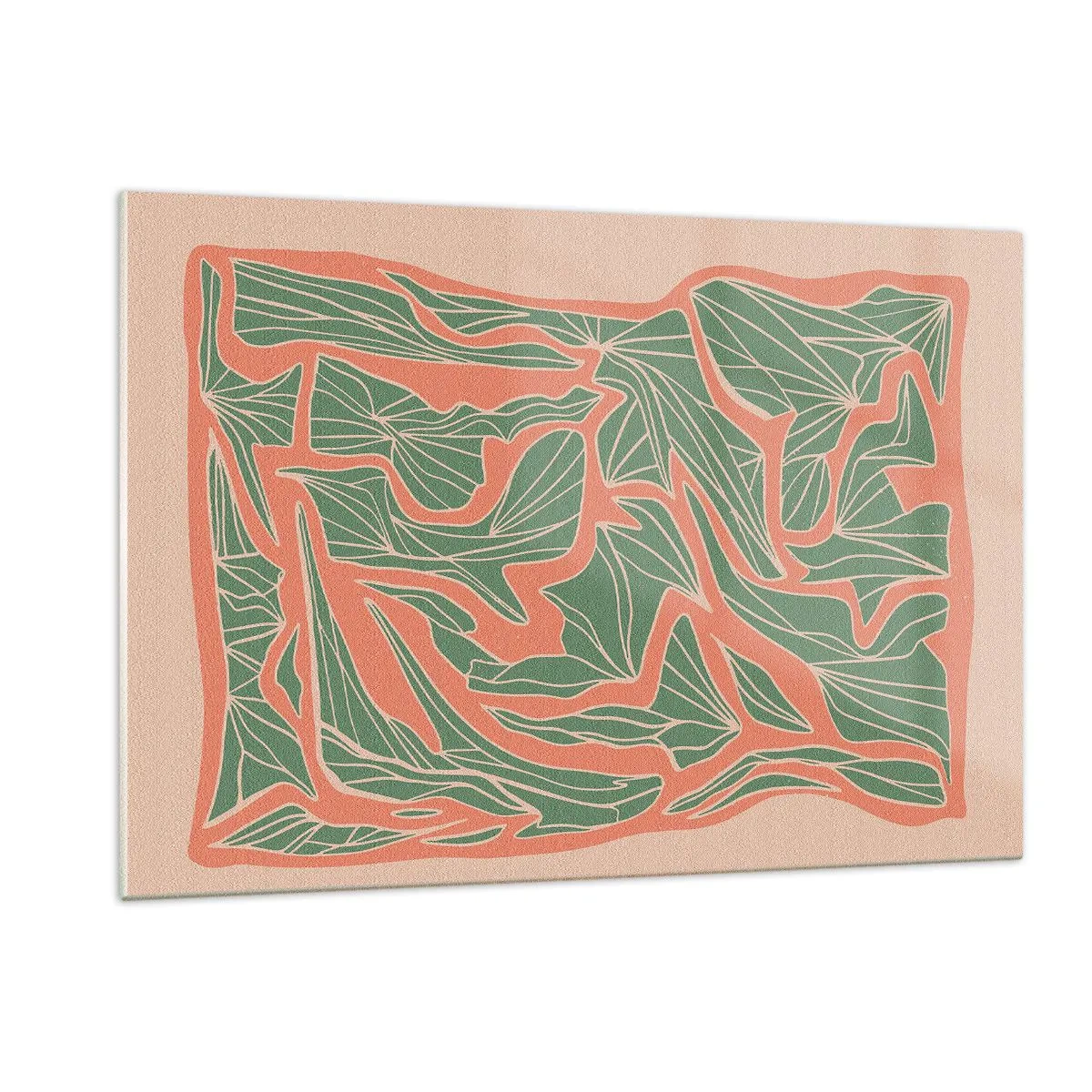 Glasbild - Bild auf glas - Grüne Blattformen, umgeben von einem Korallenrahmen auf beigem Hintergrund - 120x80cm - Kampf zwischen Korallen und Grün - Moderne Wanddekoration für Wohnzimmer und Schlafzimmer ARTTOR