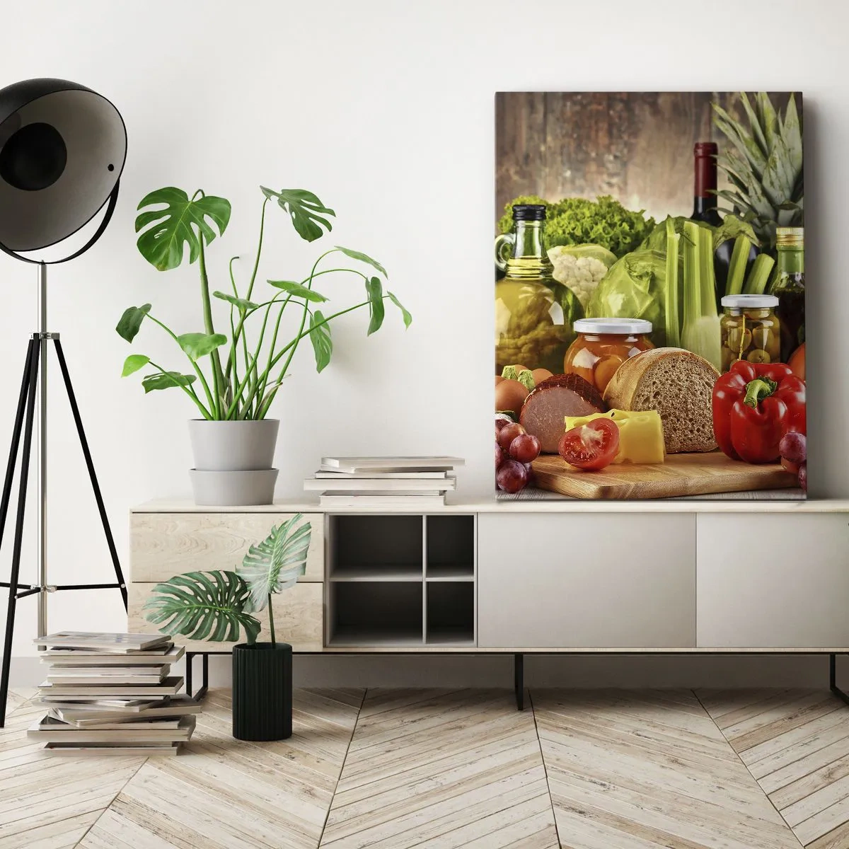 Bild auf Leinwand - Leinwandbild - Buntes Obst, Gemüse und Lebensmittel - 50x70cm - Geräuchert, gebacken und eingelegt - Moderne Wanddekoration für Wohnzimmer und Schlafzimmer ARTTOR