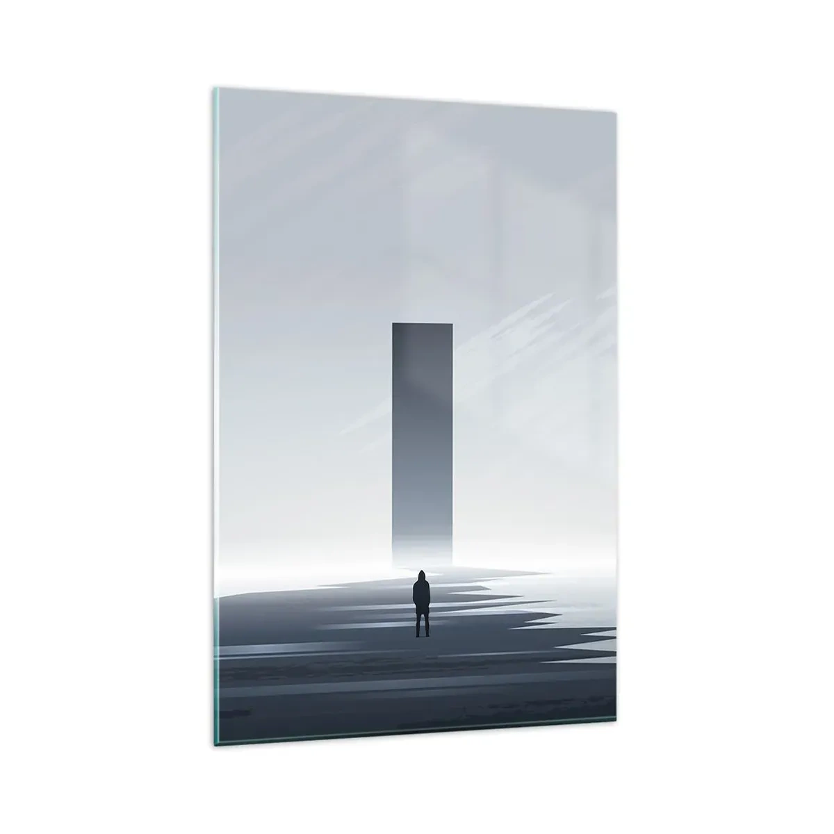 Glasbild - Bild auf glas - Eine minimalistische Landschaft mit einer Silhouette neben einem rechteckigen Monolithen - 80x120cm - Chance oder Bedrohung? - Moderne Wanddekoration für Wohnzimmer und Schlafzimmer ARTTOR