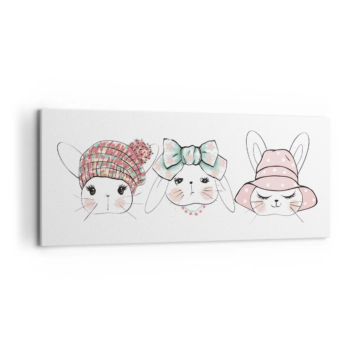 Bild auf Leinwand - Leinwandbild - Entzückende Häschen mit pastellfarbener Kopfbedeckung - 120x50cm - Nachdenklich, traurig, zufrieden - Moderne Wanddekoration für Wohnzimmer und Schlafzimmer ARTTOR