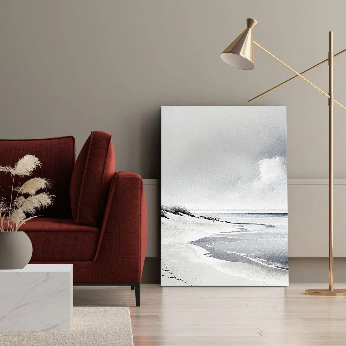 Bild auf Leinwand - Leinwandbild - Ein Strand in gedämpften Grau- und Blautönen - 50x70cm - Für immer zusammen - Moderne Wanddekoration für Wohnzimmer und Schlafzimmer ARTTOR