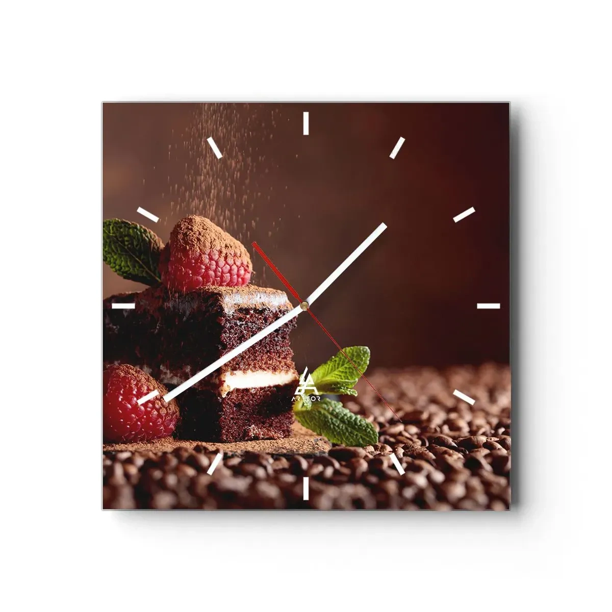 Wanduhr - Glasuhr - Schokoladenkuchen mit Himbeeren und Minze auf einem Hintergrund aus Kakaobohnen - 30x30cm - Das Leben ist süß - Moderne Wanddekoration für Wohnzimmer und Schlafzimmer ARTTOR