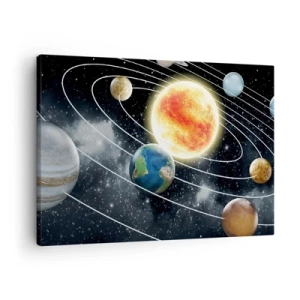 Bild auf Leinwand - Leinwandbild - Sonnensystem mit Planeten und Sonne im Weltraum - 70x50cm - Kosmischer Tanz - Moderne Wanddekoration für Wohnzimmer und Schlafzimmer ARTTOR