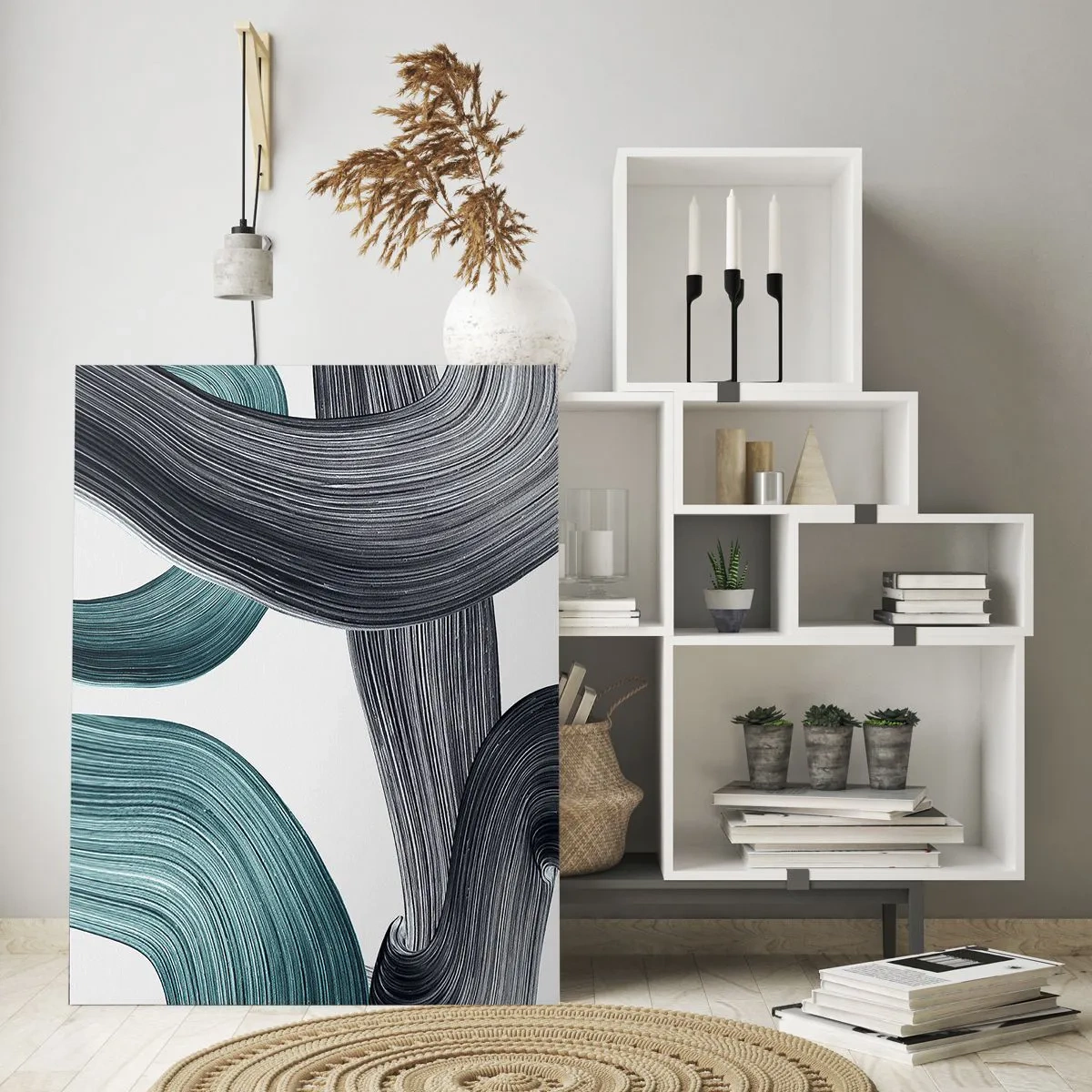 Glasbild - Bild auf glas - Dynamische Streifen in Smaragd- und Schwarztönen auf weißem Hintergrund - 50x70cm - Smaragdgrüne und schwarze Pfade - Moderne Wanddekoration für Wohnzimmer und Schlafzimmer ARTTOR