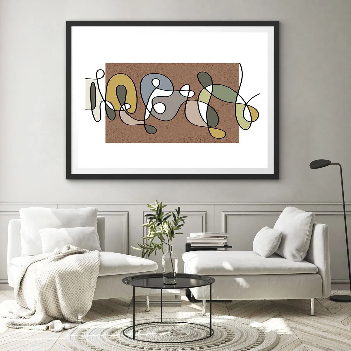 Poster in einem schwarzem Rahmen - Bunte Abstraktion mit Punkten und Linien - 70x50cm - Abstraktion, die ein Lächeln wert ist - Moderne Wanddekoration für Wohnzimmer und Schlafzimmer ARTTOR