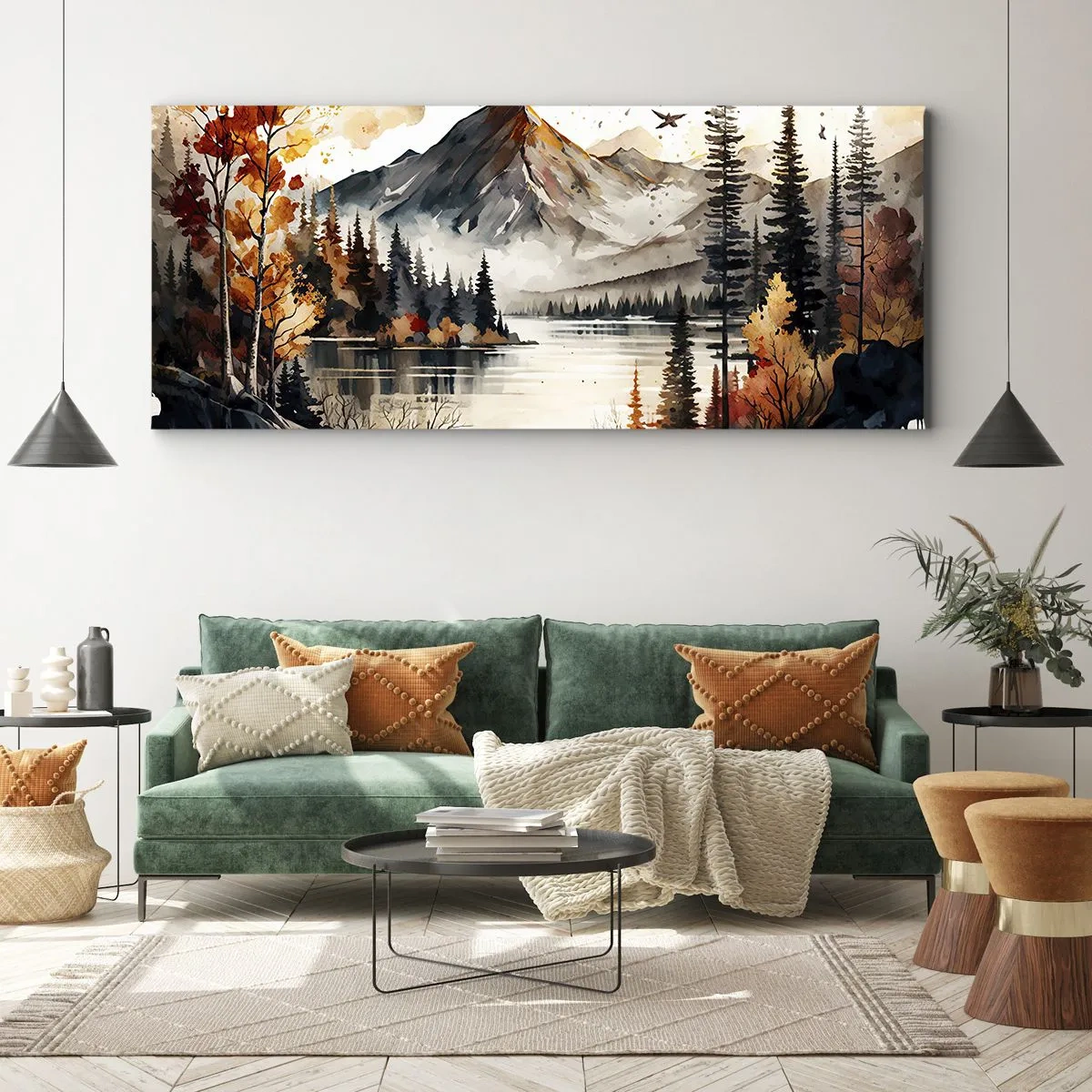 Bild auf Leinwand - Leinwandbild - Herbstliche Berglandschaft mit See und Bäumen in Aquarell - 160x50cm - Goldener Herbst in den Bergen - Moderne Wanddekoration für Wohnzimmer und Schlafzimmer ARTTOR