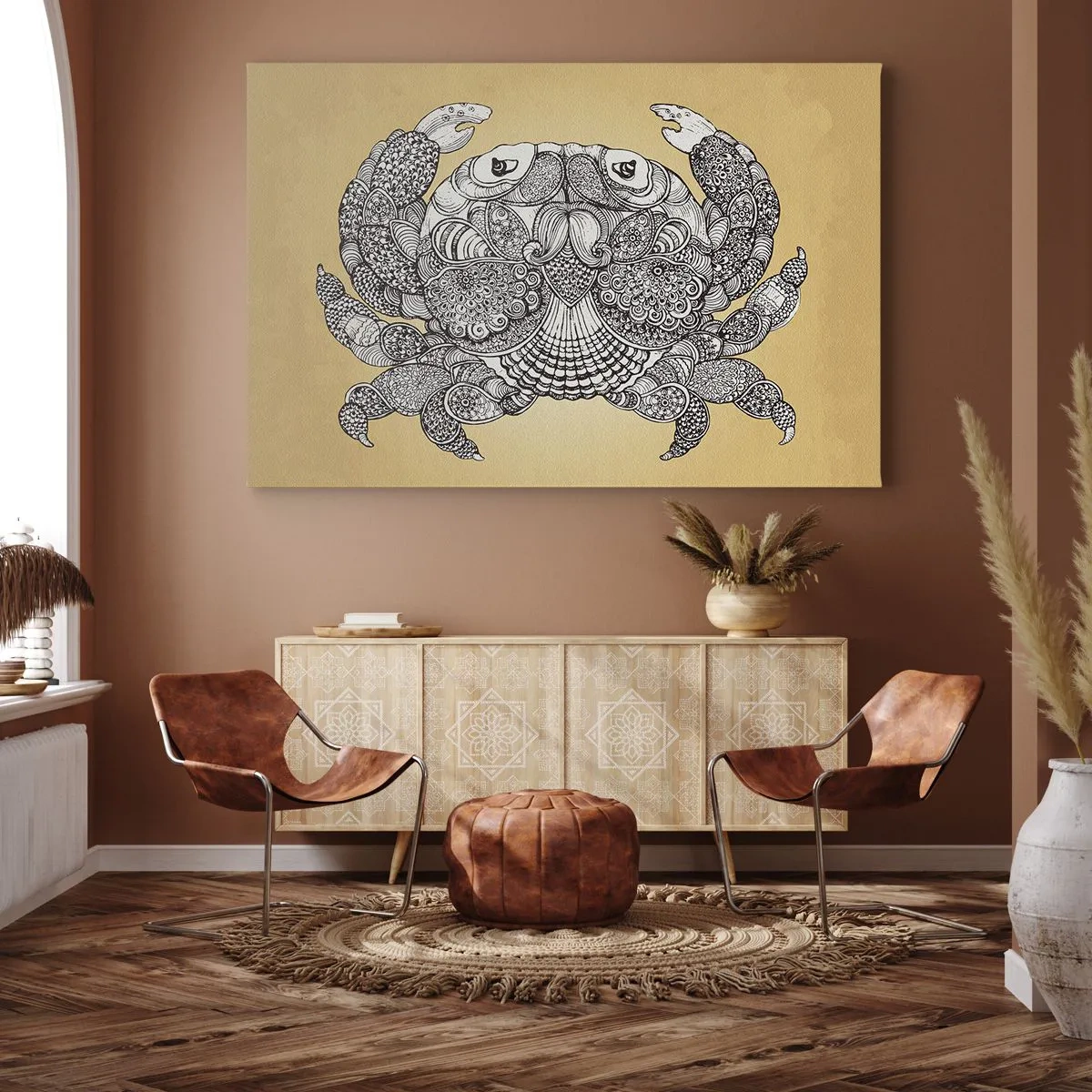 Bild auf Leinwand - Leinwandbild - Dekorative Zeichnung einer Krabbe auf goldenem Hintergrund - 70x50cm - Geschichten von Mr. Krabs - Moderne Wanddekoration für Wohnzimmer und Schlafzimmer ARTTOR