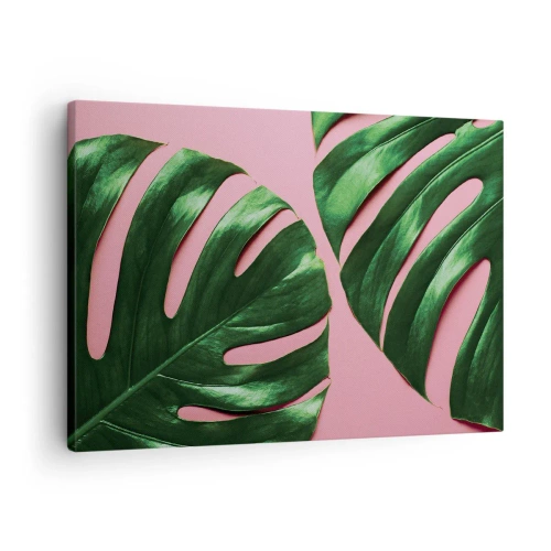 Bild auf Leinwand - Leinwandbild - Grüne Monstera-Blätter auf rosa Hintergrund - 70x50cm - Rendezvous im Grünen - Moderne Wanddekoration für Wohnzimmer und Schlafzimmer ARTTOR