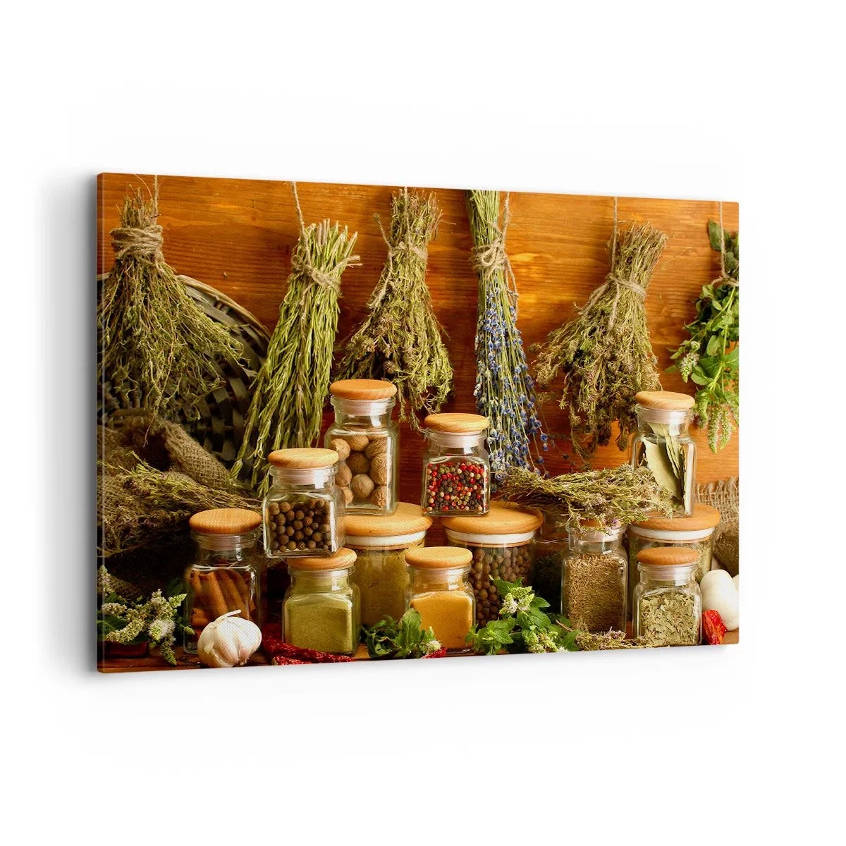 Bild auf Leinwand - Leinwandbild - Kräuter und Gewürze in Gläsern auf rustikalem Hintergrund - 100x70cm - Küchenzauber - Moderne Wanddekoration für Wohnzimmer und Schlafzimmer ARTTOR
