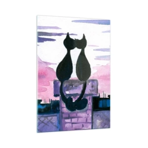 Glasbild - Bild auf glas - Silhouetten von zwei Katzen vor der untergehenden Sonne - 50x70cm - Rendez-vous unter dem Mond - Moderne Wanddekoration für Wohnzimmer und Schlafzimmer ARTTOR