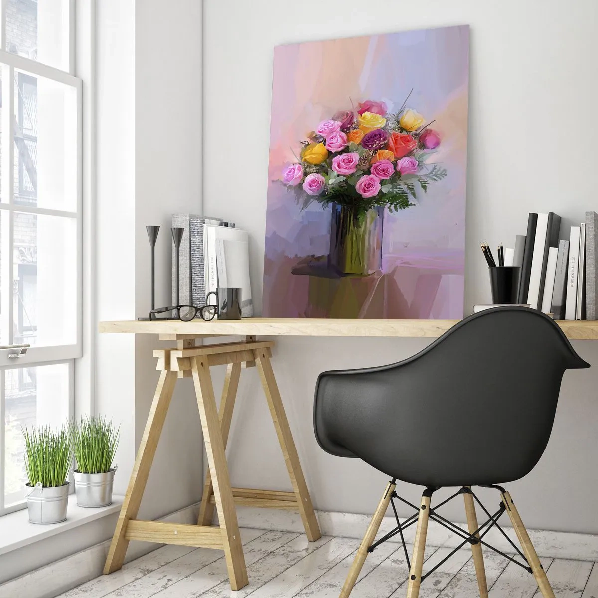 Glasbild - Bild auf glas - Ein Strauß bunter Rosen in einer Glasvase - 70x100cm - Festgehaltene Schönheit - Moderne Wanddekoration für Wohnzimmer und Schlafzimmer ARTTOR