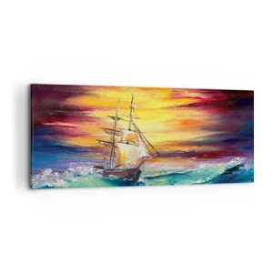 Bild auf Leinwand - Leinwandbild - Ein Segelschiff vor der Kulisse eines farbenfrohen Sonnenuntergangs - 120x50cm - Tapfer unter den Wellen - Moderne Wanddekoration für Wohnzimmer und Schlafzimmer ARTTOR