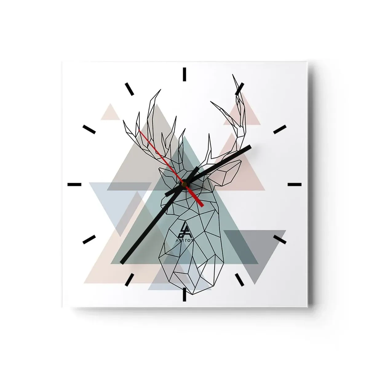 Wanduhr - Glasuhr - Geometrischer Hirsch auf einem Hintergrund aus pastellfarbenen Dreiecken - 30x30cm - In einem geometrischen Wald - Moderne Wanddekoration für Wohnzimmer und Schlafzimmer ARTTOR