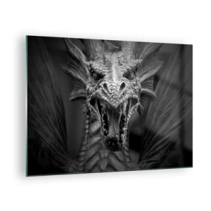 Glasbild - Bild auf glas - Detailliertes Porträt eines Drachen in Schwarzweiß - 70x50cm - Ein märchenhafter Drache in Grau - Moderne Wanddekoration für Wohnzimmer und Schlafzimmer ARTTOR