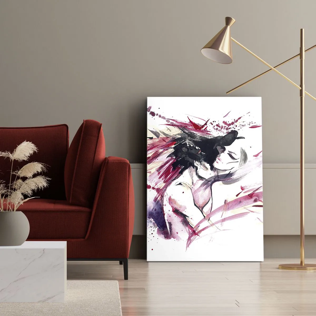 Bild auf Leinwand - Leinwandbild - Abstraktes Frauenporträt mit dynamischen roten Akzenten - 50x70cm - Eine Liebeserfüllung - Moderne Wanddekoration für Wohnzimmer und Schlafzimmer ARTTOR