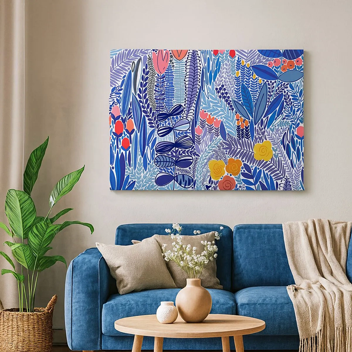 Bild auf Leinwand - Leinwandbild - Ein farbenfrohes Pflanzenmotiv im modernen Grafikstil - 70x50cm - Hawaiianischer Garten - Moderne Wanddekoration für Wohnzimmer und Schlafzimmer ARTTOR
