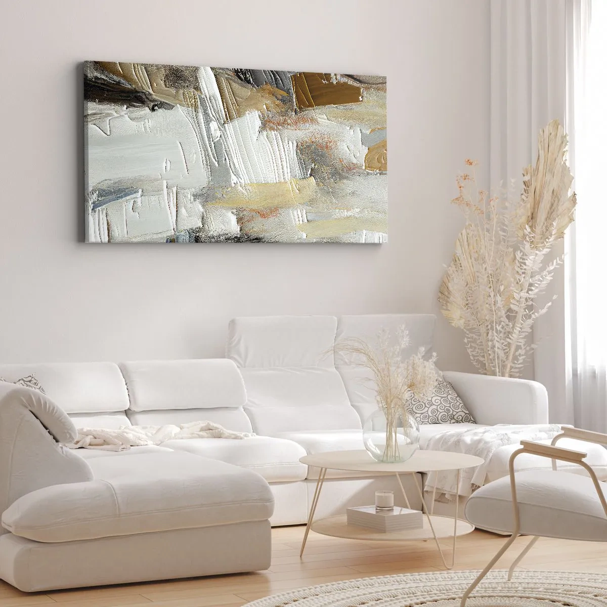 Bild auf Leinwand - Leinwandbild - Texturale Abstraktion in Erdtönen und Weiß - 140x50cm - Bunte Schichten - Moderne Wanddekoration für Wohnzimmer und Schlafzimmer ARTTOR